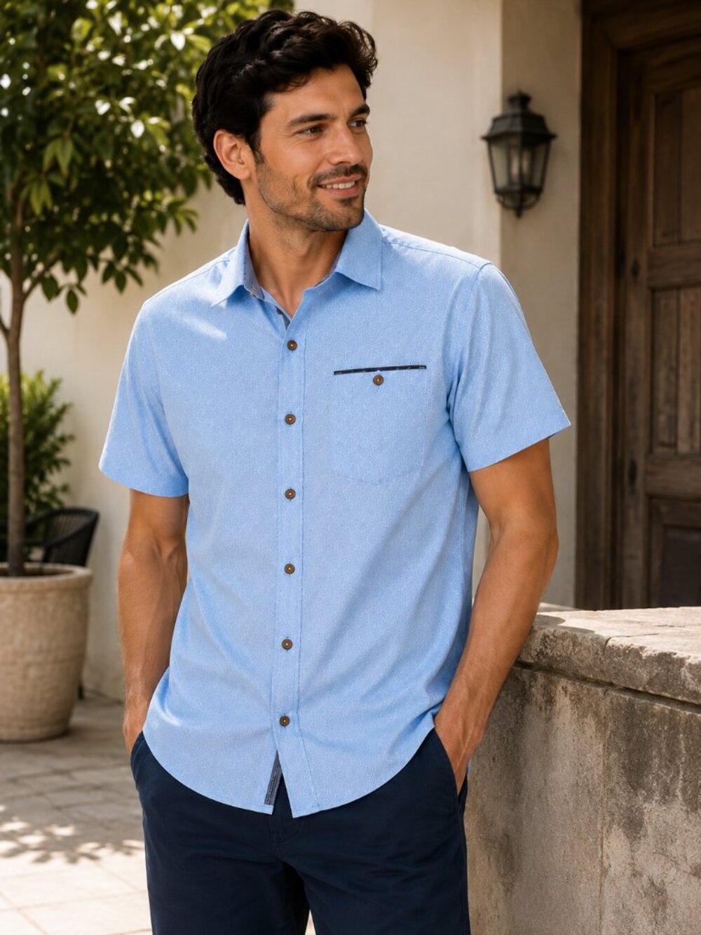 Level Ten Men's L Light Blue Geometric Short Sleeve Button Up Shirt NWT